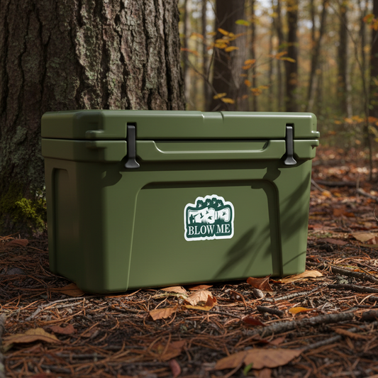 Green cooler box on a forest floor with a Sticker on it that says BLOW ME with a Duck Call and Ducks Flying.