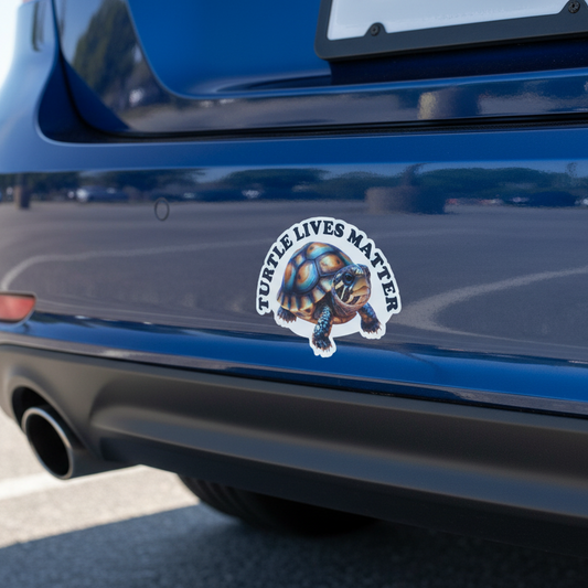 Blue car with a 'Turtle Lives Matter' sticker on the back