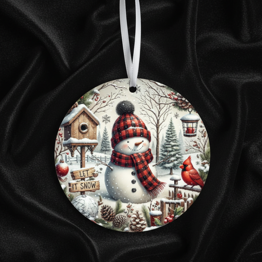 3" Single Sided Ceramic Ornament - Snowman - Let It Snow