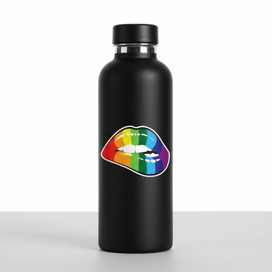 Black water bottle with a colorful lips design on a white background