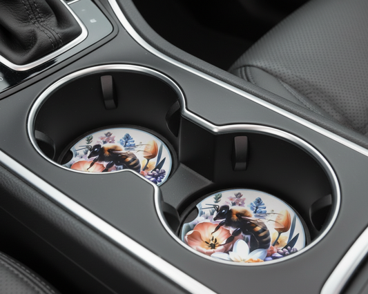 Car Coasters with a Bee Pollination Flowers.