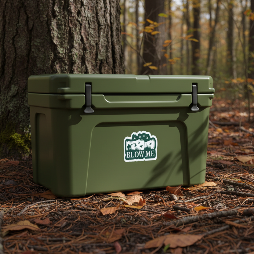 Green cooler box on a forest floor with a Sticker on it that says BLOW ME with a Duck Call and Ducks Flying.