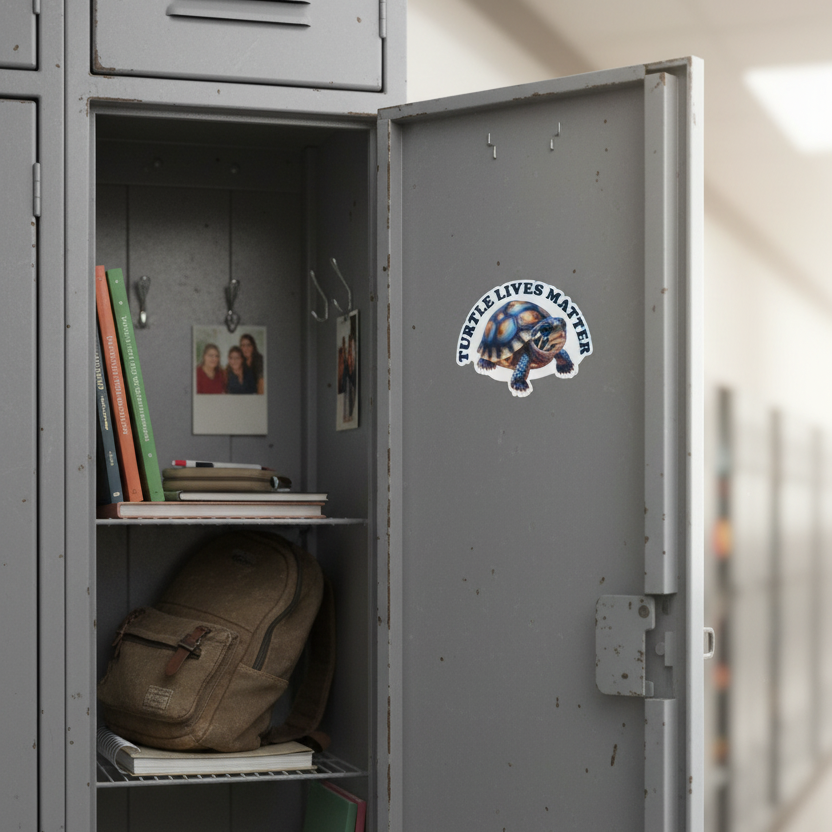 Open gray locker with books, backpack, and a decal in a hallway.