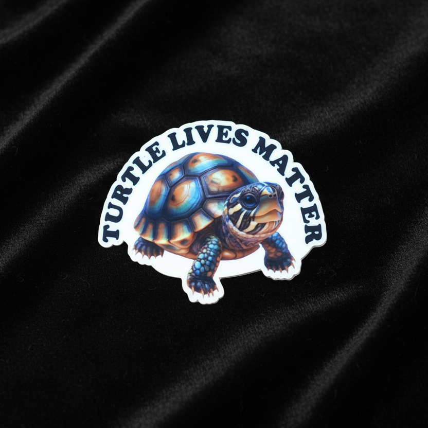 Sticker with a turtle design and 'Turtle Lives Matter' text on black fabric