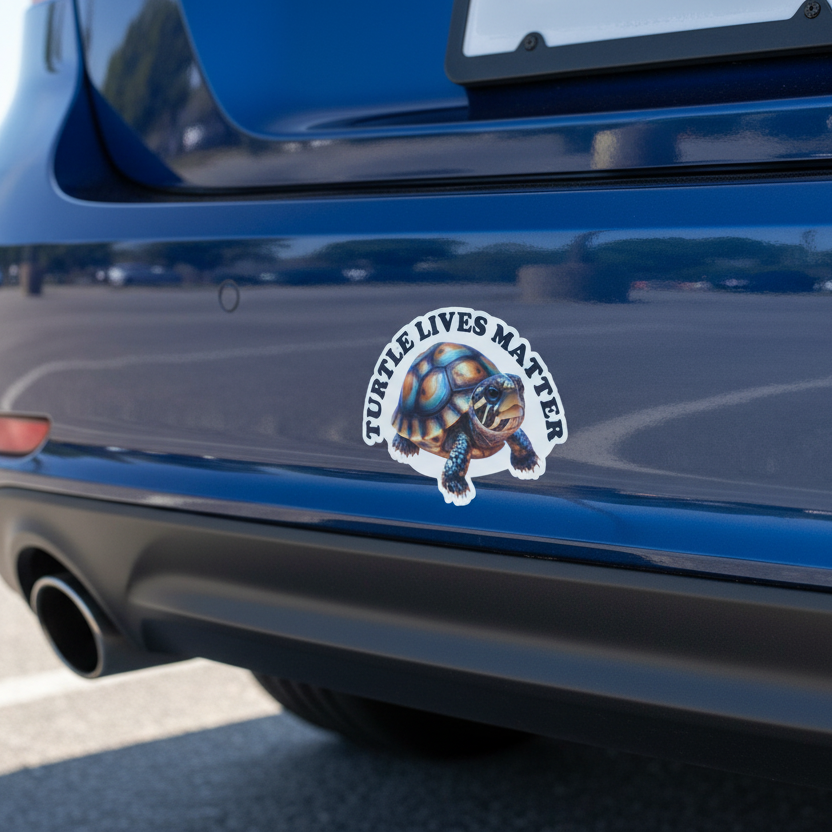 Blue car with a 'Turtle Lives Matter' sticker on the back