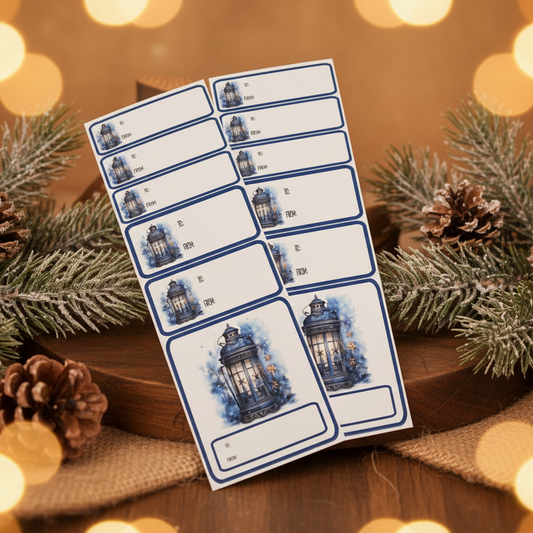 Two sheets of decorative address labels with blue lantern illustrations, placed on a brown textured surface.