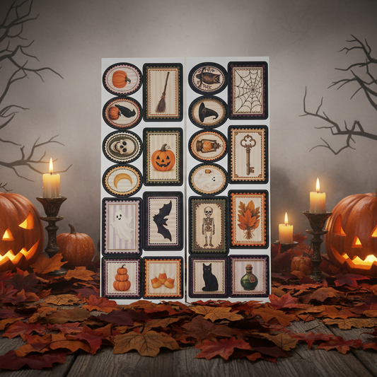 Two sheets of Halloween-themed decorative stickers or decals featuring various spooky illustrations like pumpkins, ghosts, skeletons, bats, a witch hat, a spiderweb, a lantern, a key, and autumn leaves.