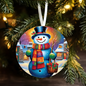 3" Single Sided Ceramic Ornament - Snowman with Colorful Scarf