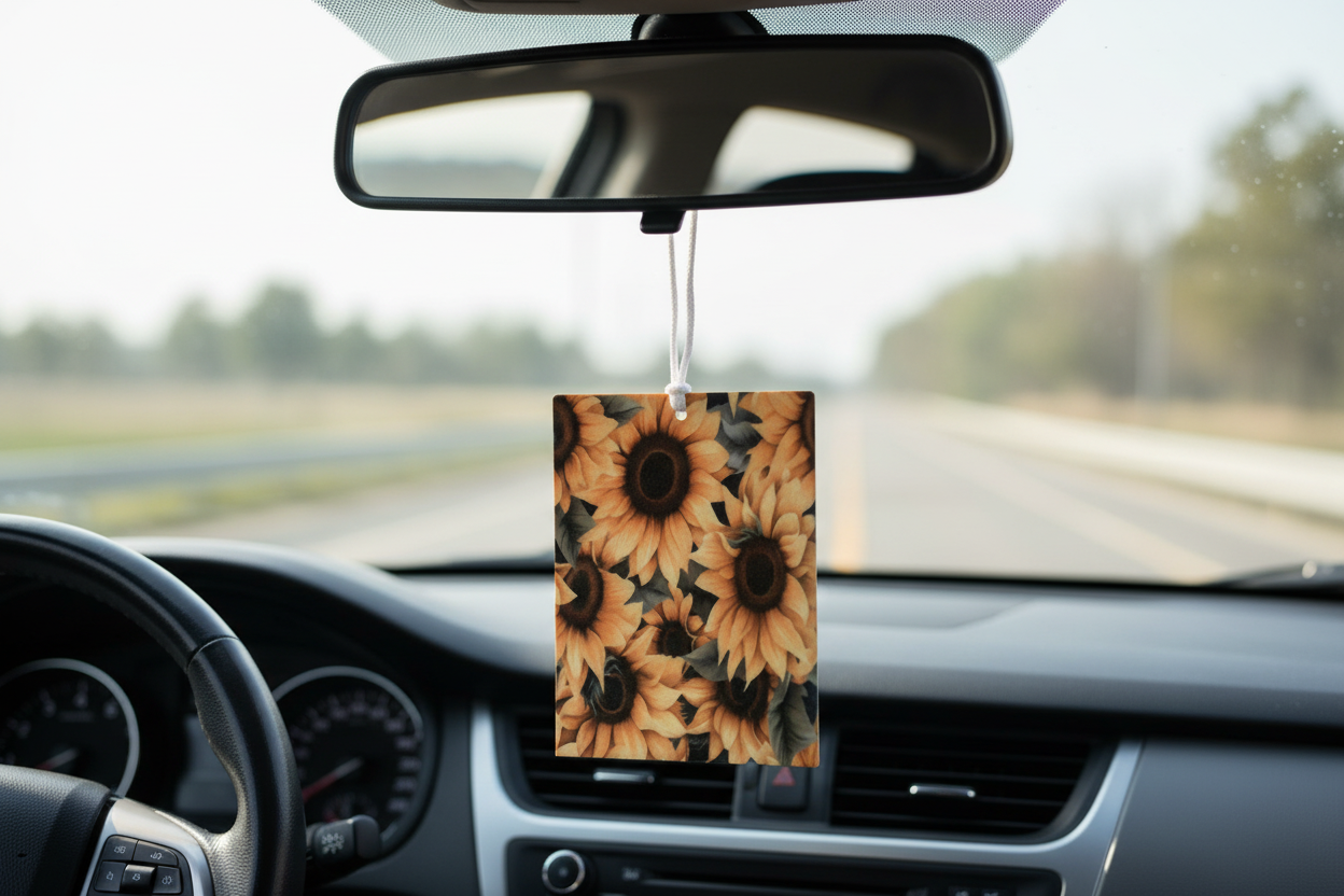 Sunflower-patterned car air freshener hanging from a car's rearview mirror.