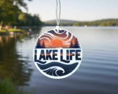 Decorative hanging Air Freshenr with 'Lake Life' text over a lake background