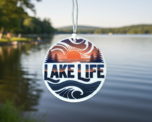 Decorative hanging Air Freshenr with 'Lake Life' text over a lake background