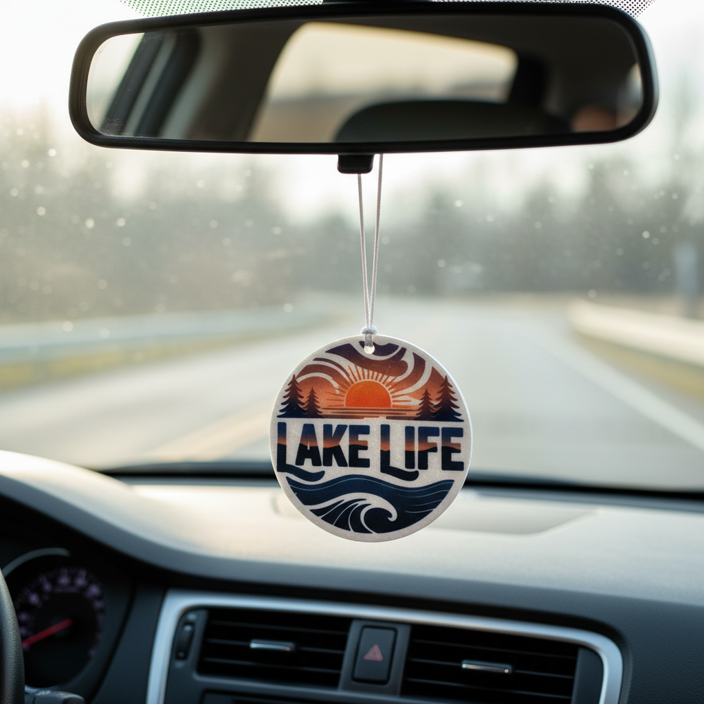 Car air freshener with 'Lake Life' design hanging from a car's rearview mirror.