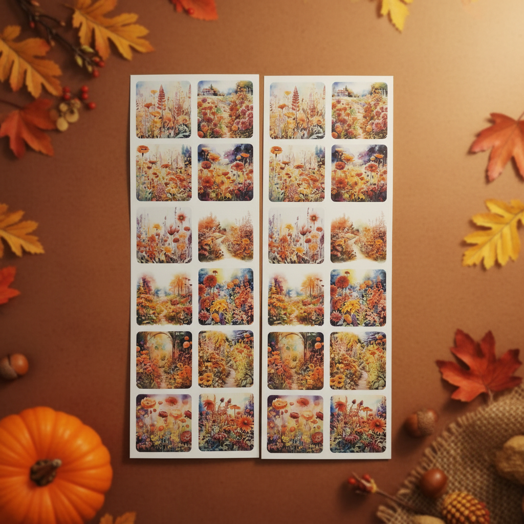 Two sheets of square stickers featuring colorful, painterly wildflower gardens with autumn foliage in orange, yellow, pink, and purple tones.