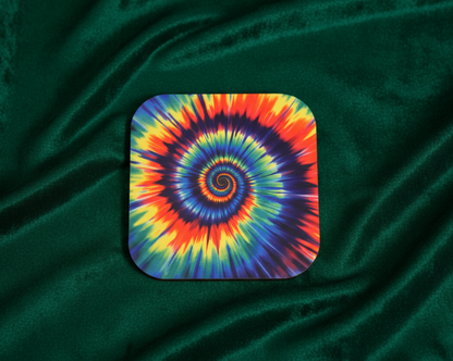 Colorful tie-dye spiral design on a dark green fabric background