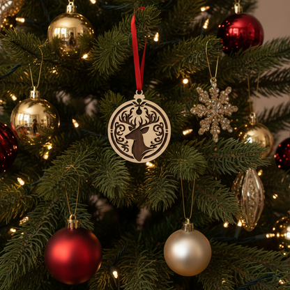 2 1/2" Wood Christmas Ornament - Depicting a Reindeer On a Dark Brown Background