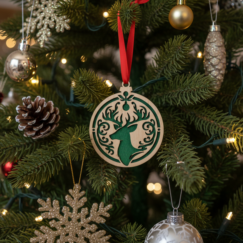 2 1/2" Wood Christmas Ornament - Depicting a Reindeer On a Green Background
