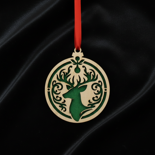 2 1/2" Wood Christmas Ornament - Depicting a Reindeer On a Green Background