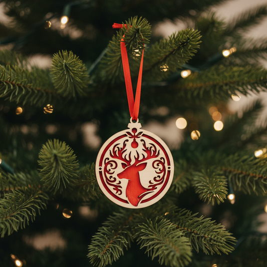 2 1/2" Wood Christmas Ornament - Depicting a Reindeer On a Red Background