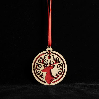 2 1/2" Wood Christmas Ornament - Depicting a Reindeer On a Red Background
