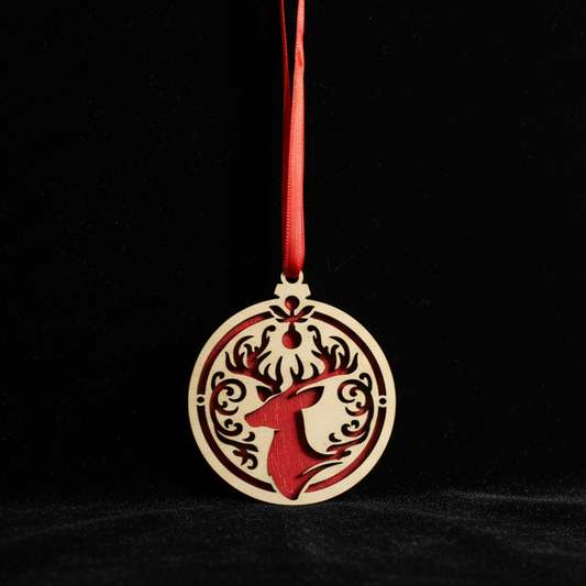 2 1/2" Wood Christmas Ornament - Depicting a Reindeer On a Red Background