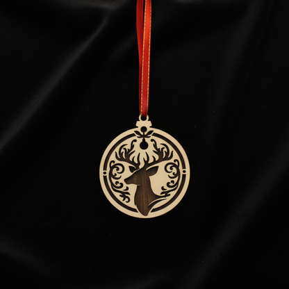 2 1/2" Wood Christmas Ornament - Depicting a Reindeer On a Dark Brown Background