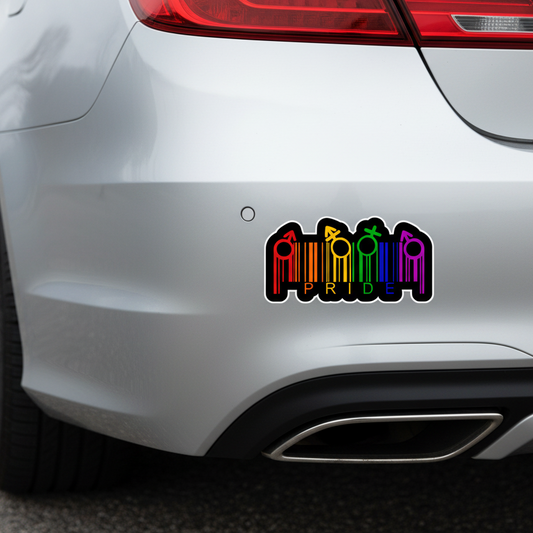 Car with a rainbow-colored 'Pride' sticker on the back