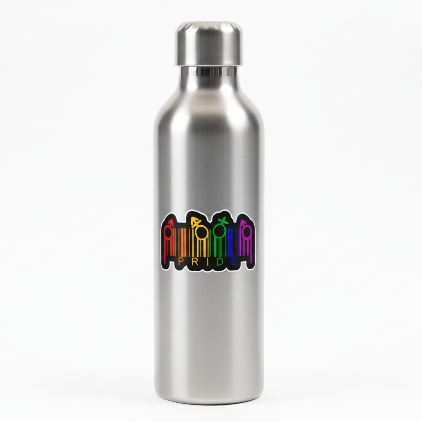 Silver water bottle with colorful logo on a white background
