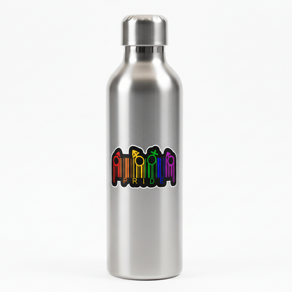 Silver water bottle with colorful logo on a white background