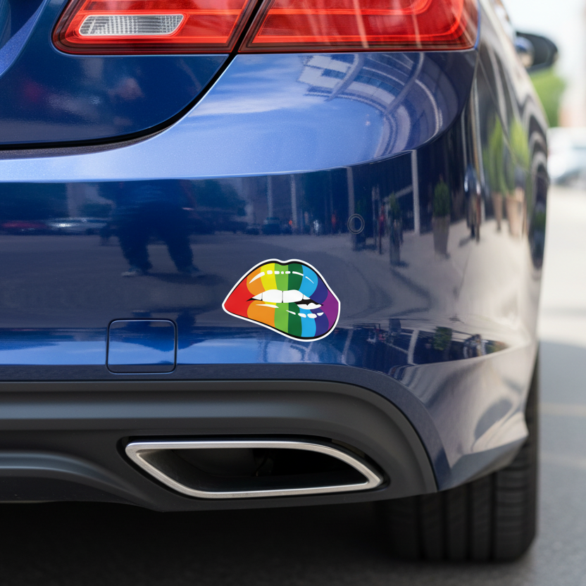 Car with a rainbow-colored lips sticker on the back