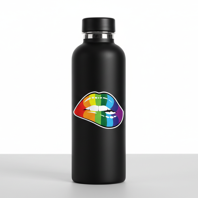 Black water bottle with a colorful lips design on a white background