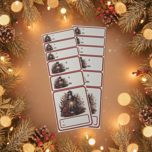 2 sheets of 12 Holiday Package Stickers depicting holiday lanterns.