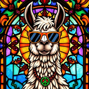Colorful stained glass window with a llama wearing sunglasses and a peace symbol necklace.