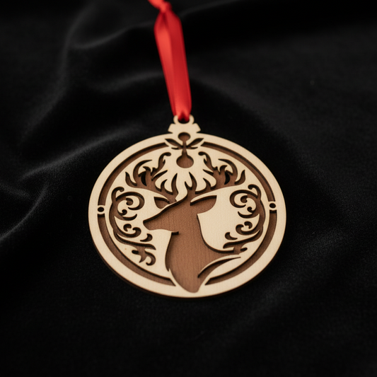 2 1/2" Wood Christmas Ornament - Depicting a Reindeer On a Light Brown Background