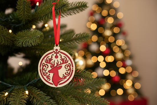2 1/2" Wood Christmas Ornament - Depicting a Reindeer On a Red Background