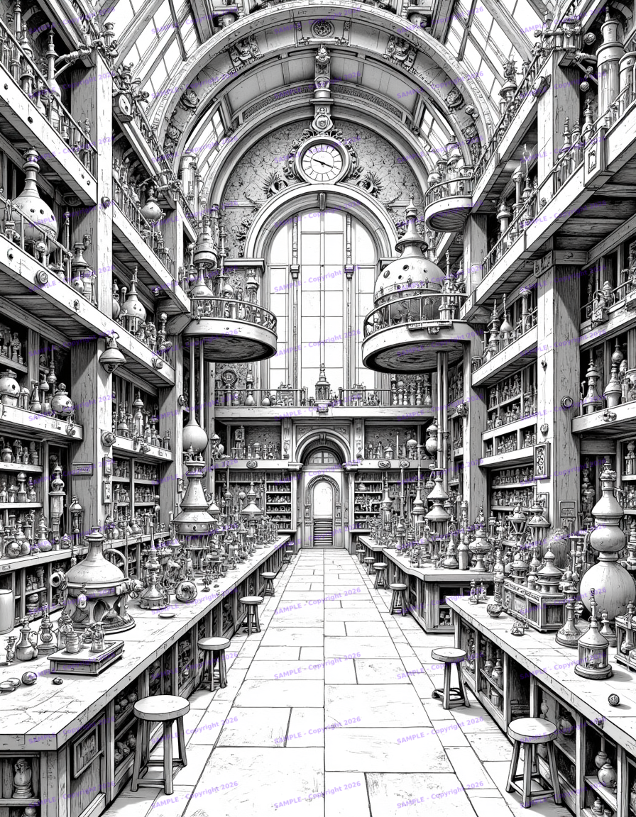 Dive into a world of gears, gadgets, and Victorian-era invention with this intricate black and white coloring page. Perfect for creative minds of all ages, this detailed steampunk laboratory scene features elaborate machinery, clockwork mechanisms, and fantastical contraptions waiting to be brought to life with your favorite colors. 
